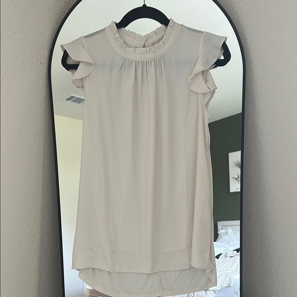 LOFT White/Cream Ruffled Cap Sleeve Blouse with Mandarin Collar